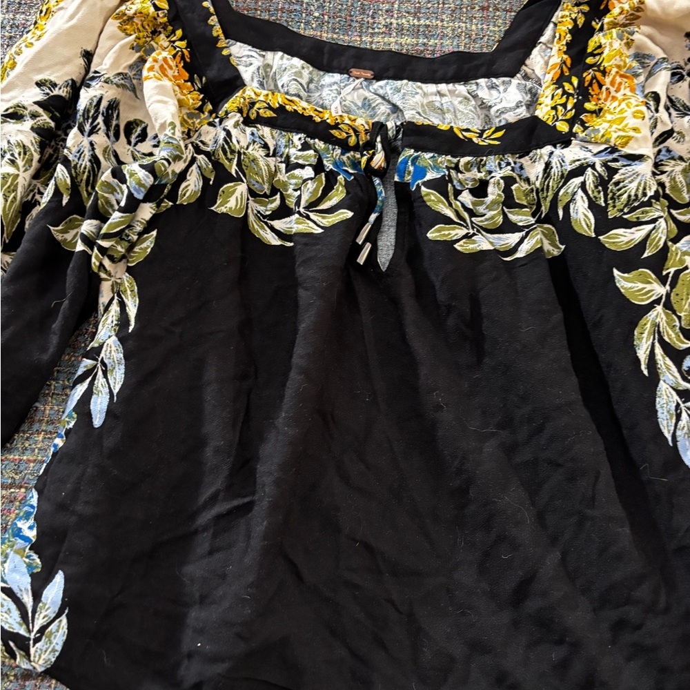 Free People Black Blouse with Blue and Green Floral Detail